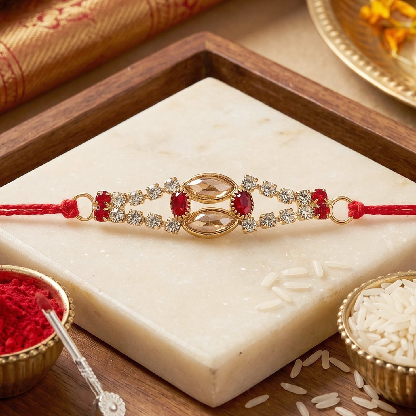 Close-up of the Kundan Rakhi Bracelet highlighting beads and crystal details.