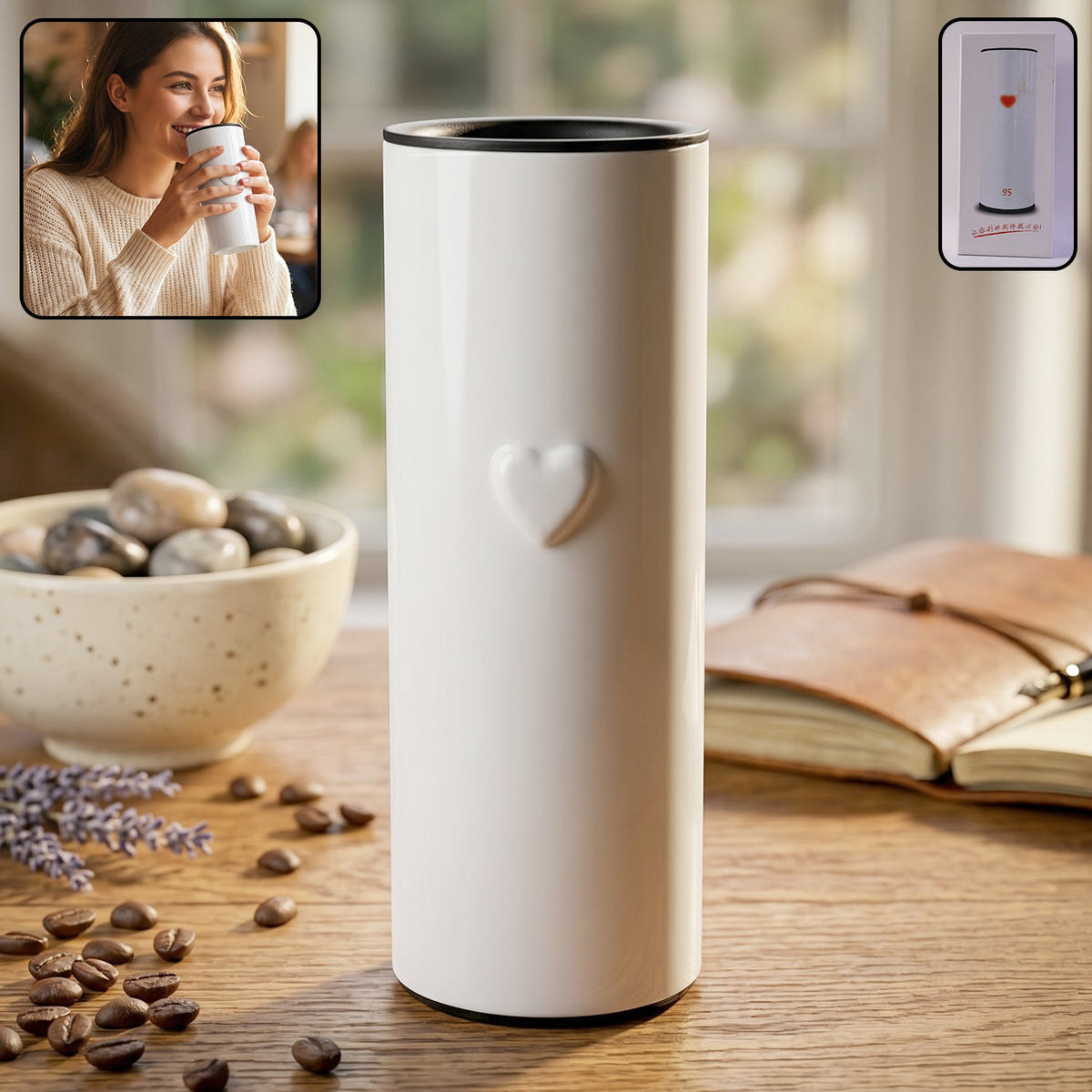 Stainless steel travel tumbler with LED display showing temperature