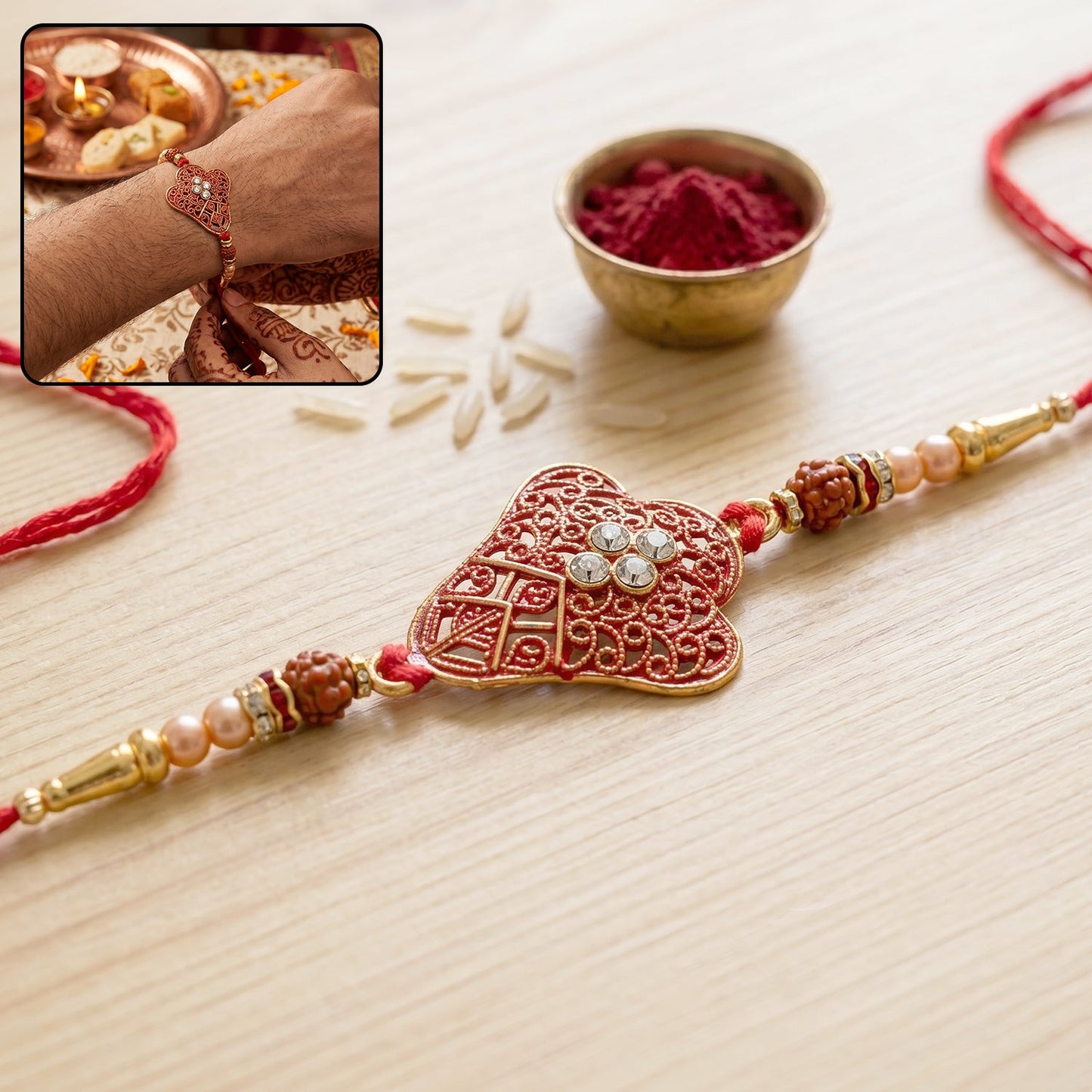 Close-up of red heart meenakari rakhi showing pearl chain detail