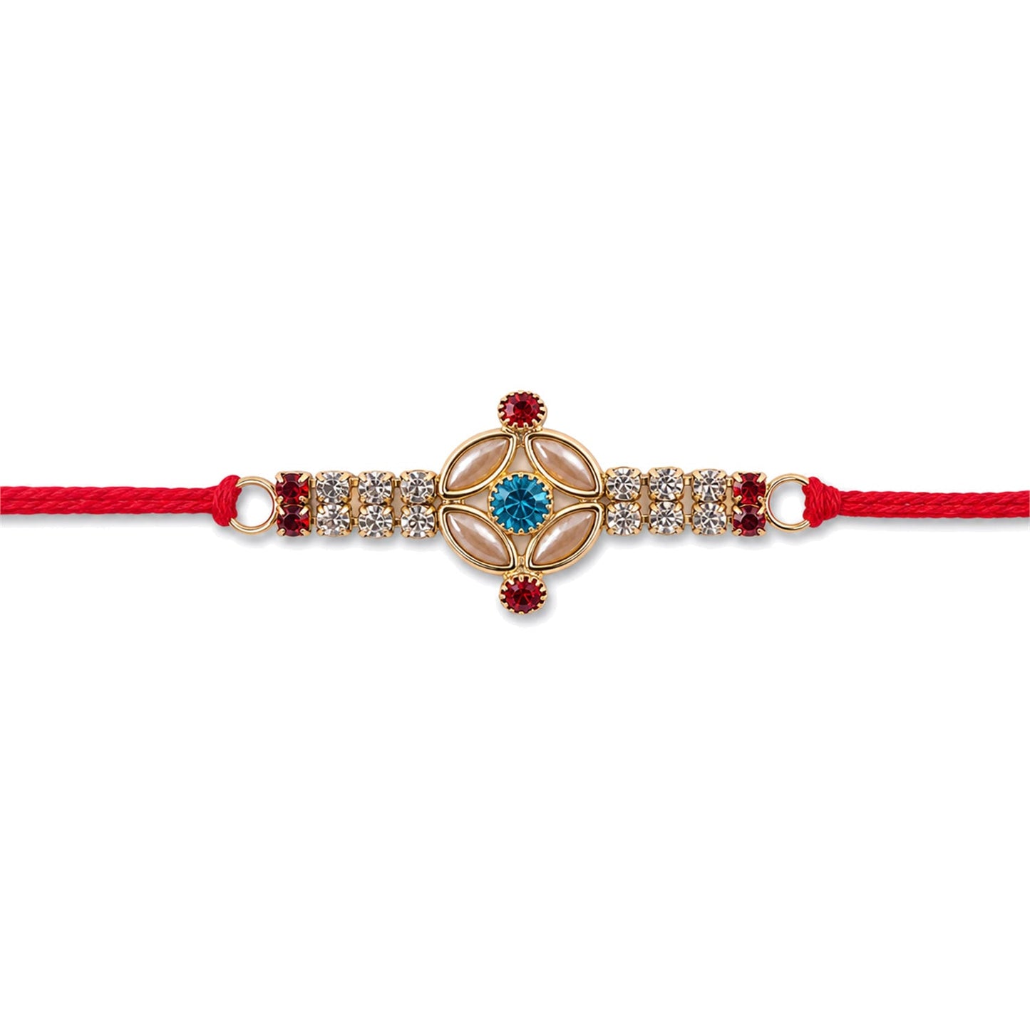 Side angle view of blue floral Kundan Rakhi design