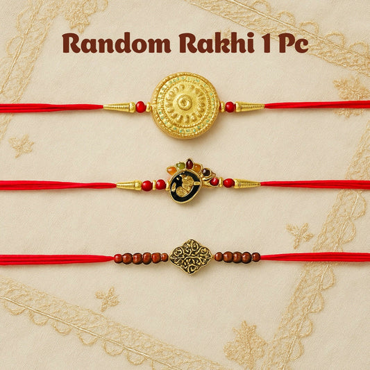 Gold accent rakhi set featuring 3 unique random rakhis for Raksha Bandhan celebration