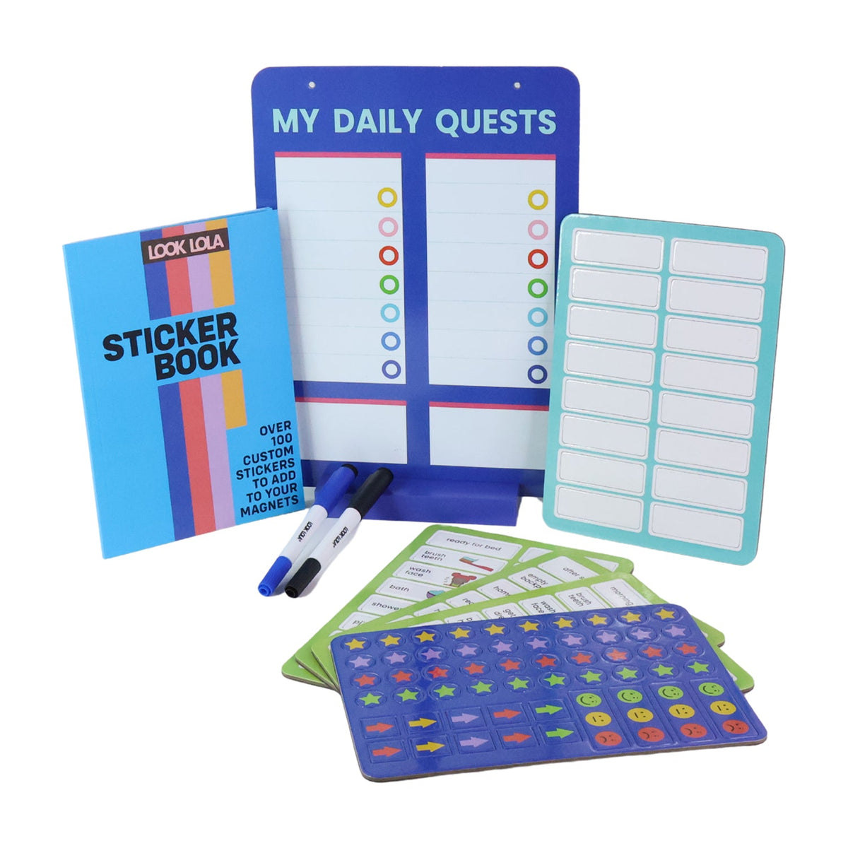 A blue magnetic daily quests board, a sticker book, two pens, and various green and blue magnetic task cards on a white