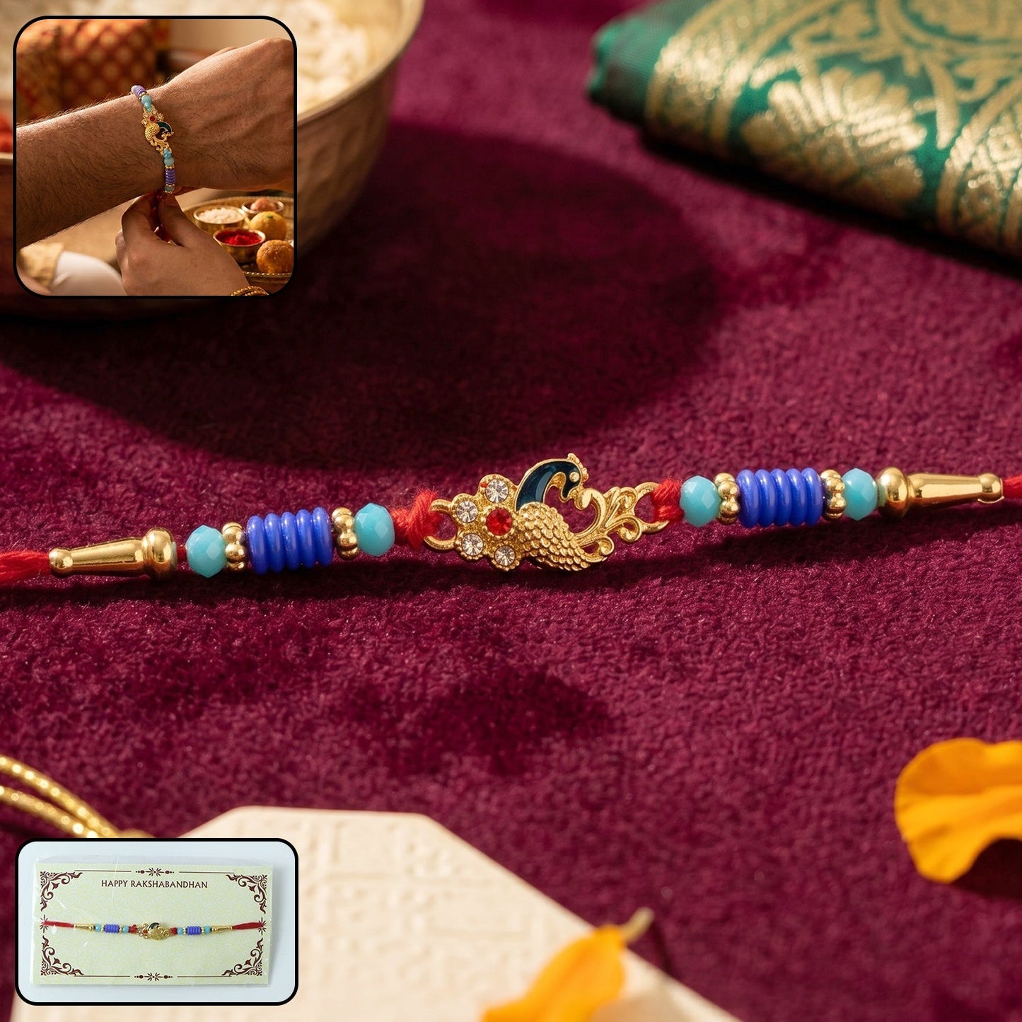Antique mini peacock designer Rakhi with decorative beads and soft thread