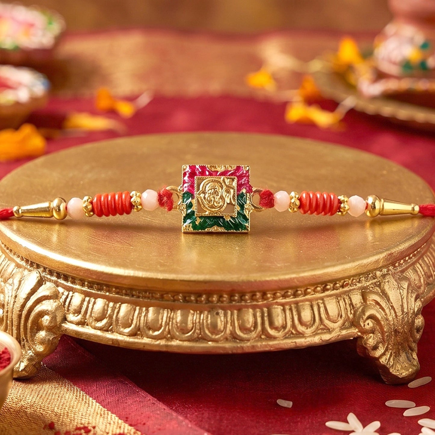 Top view of Ganesha antique rakhi with soft thread and beads