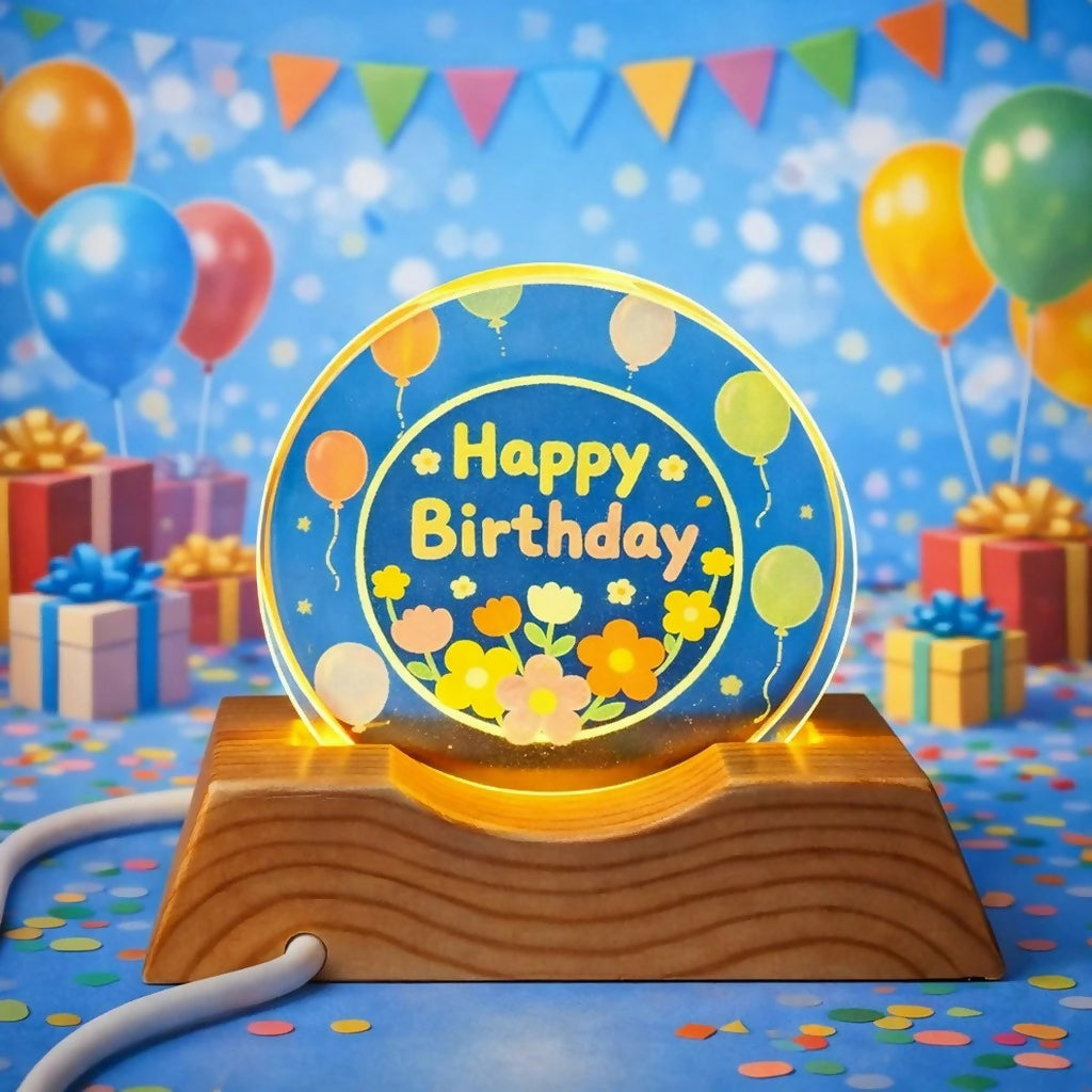 Happy Birthday LED Lamp Wooden Base Decorative Night Light