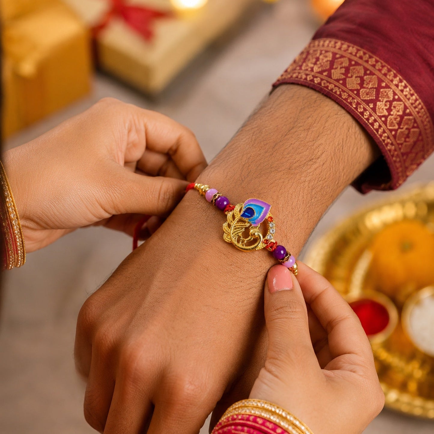 Side view of intricate thread and peacock design on Rakhi