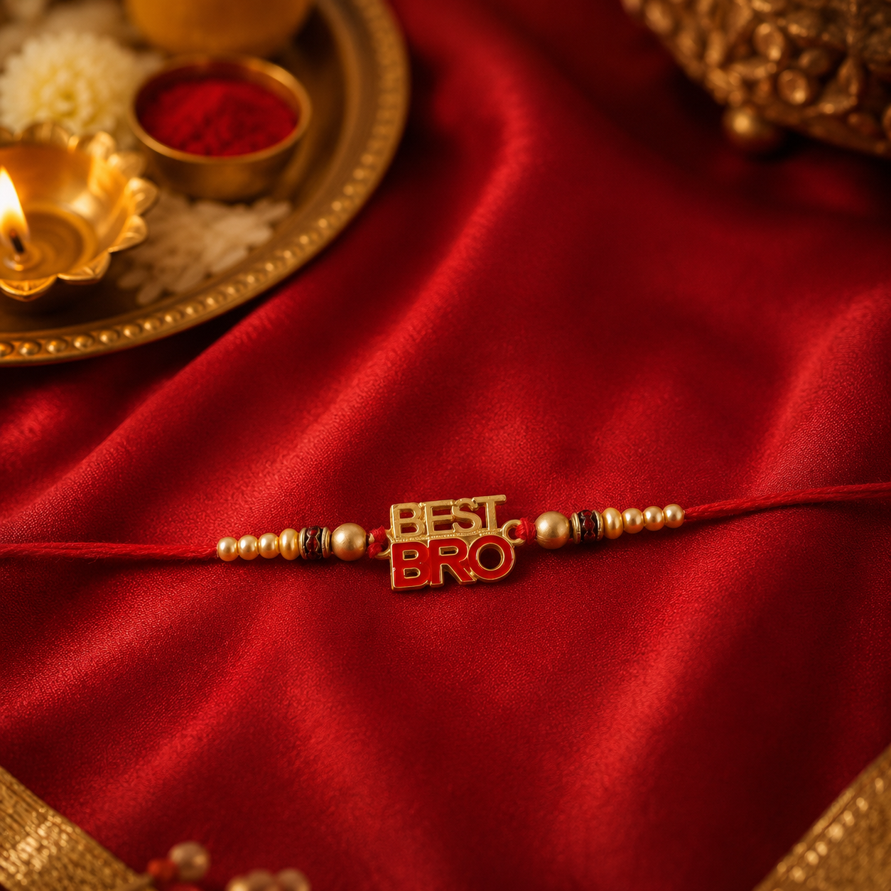 Elegant Best Bro Text Rakhi with gold letters and pearl beads for Rakshabandhan