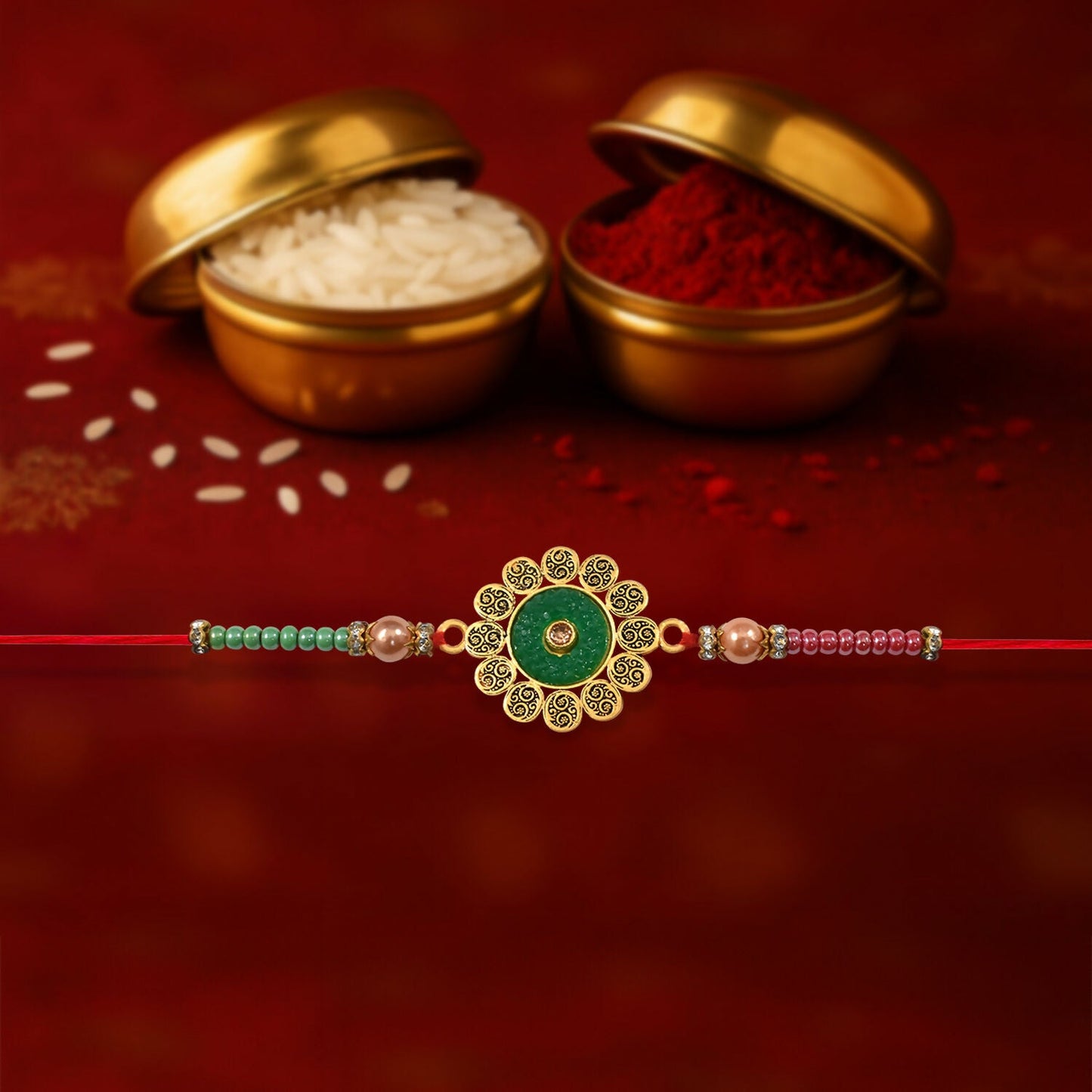 Floral Rakhi showing green centerpiece with vibrant multicolor beads