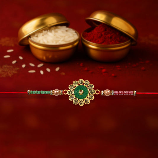Floral Rakhi showing green centerpiece with vibrant multicolor beads