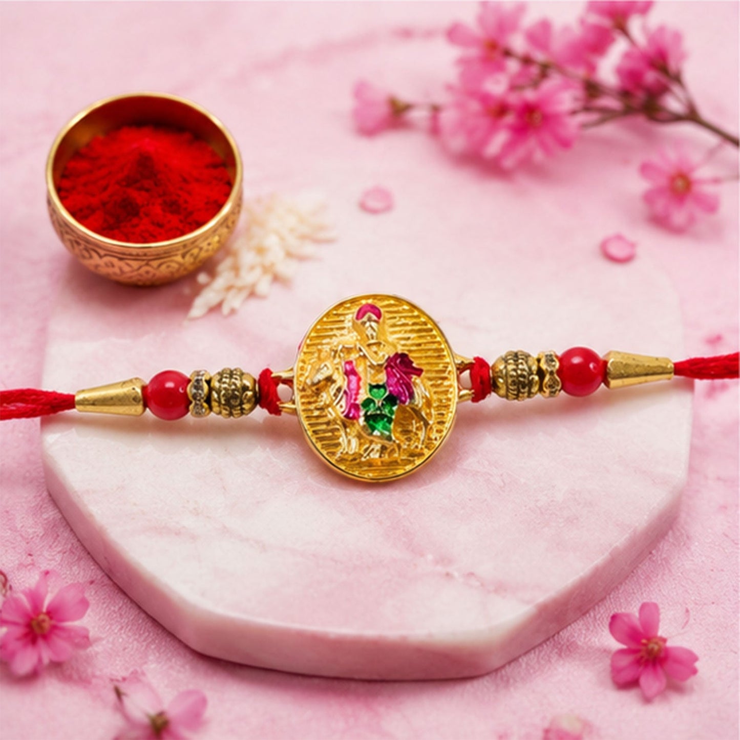 Close-up of decorative beads on Dwarkadhish Krishna rakhi