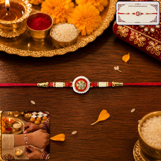 Red Round Kundan Pearl Border Rakhi close-up with intricate design