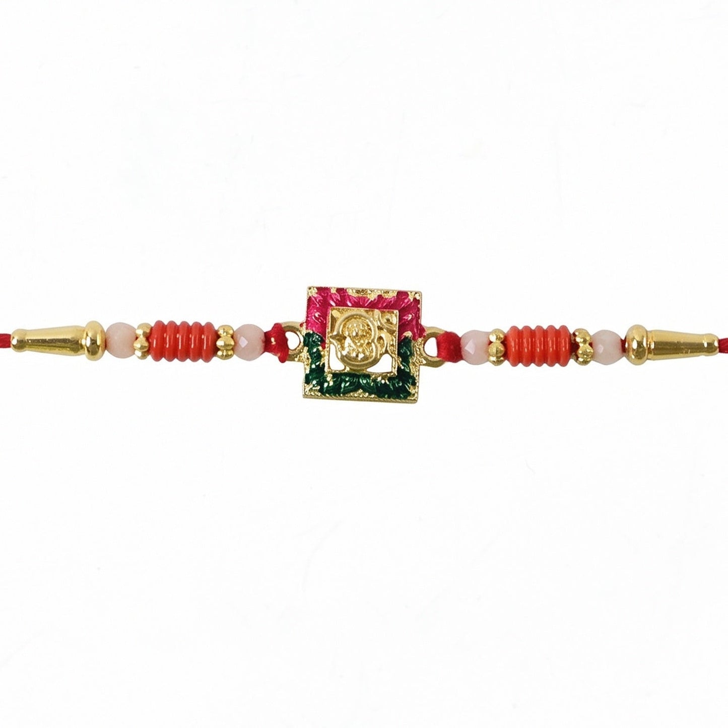 Side angle of designer Ganesha rakhi highlighting intricate bead details