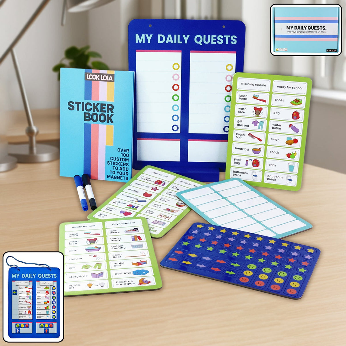 A blue magnetic daily quests board with various green and blue magnetic task cards and a sticker book on a wooden desk.