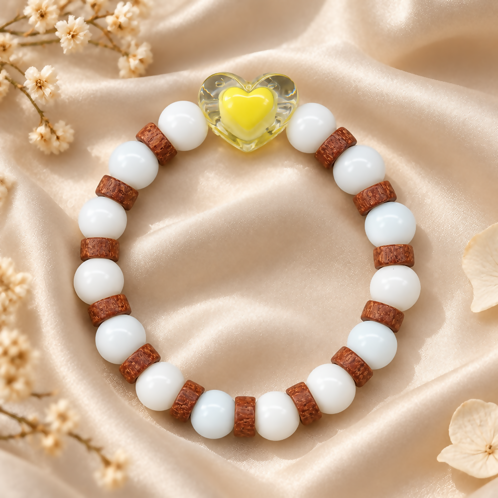 Heart Charm Bracelet with White Beads and Rustic Brown Spacer Details