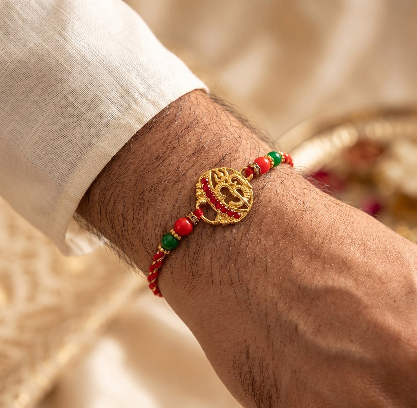 Close-up of stylish handmade Rakhi with intricate detailing and vibrant beads