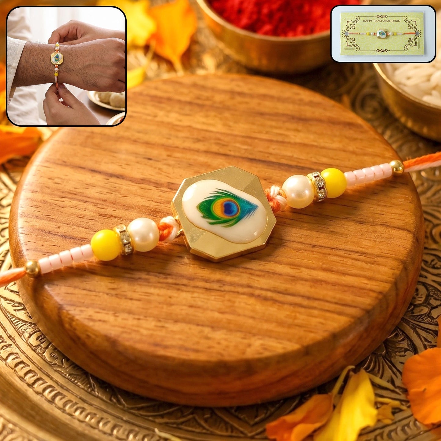 Peacock Feather Designer Rakhi with decorative beads and detail