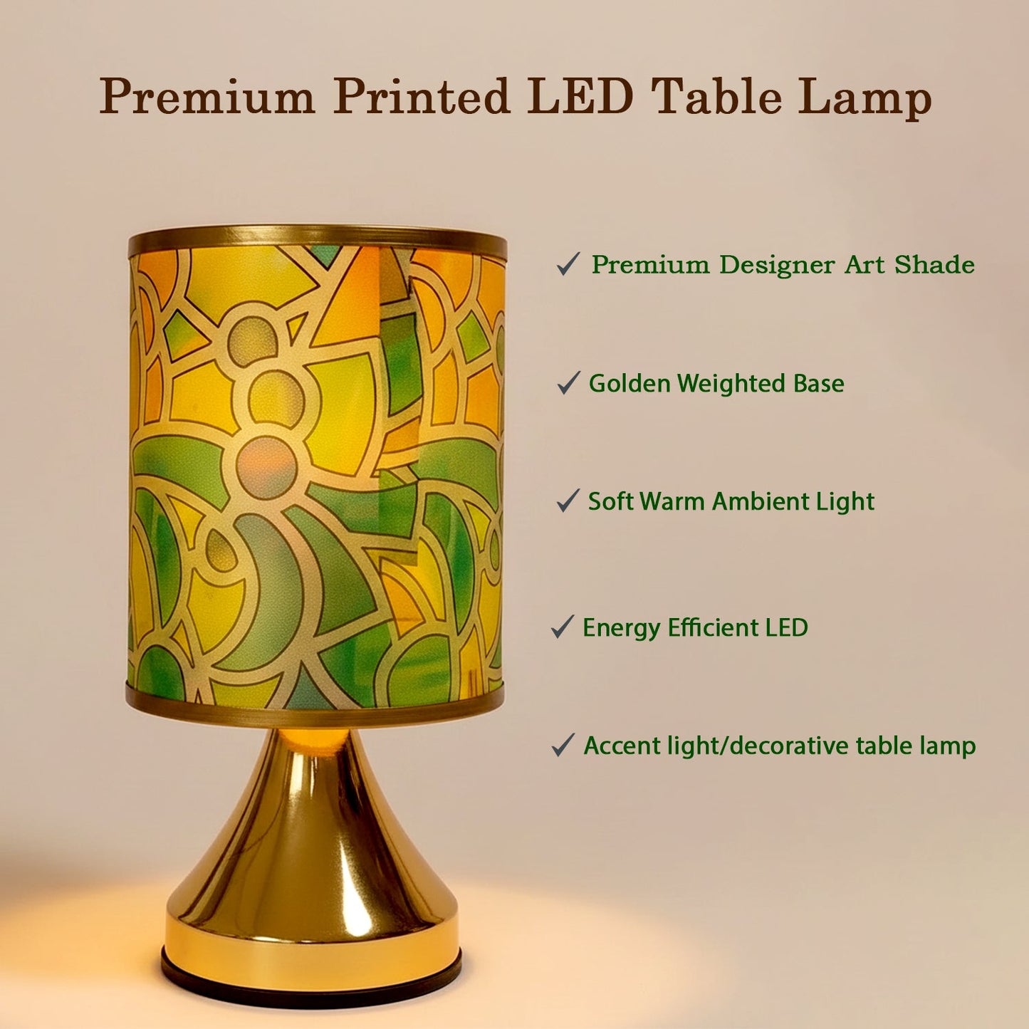 Premium Designer Printed LED Table Lamp for Home DÃ©cor | Artistic Pattern Fabric Shade with Golden Base | Soft Ambient Night Lamp for Bedroom, Living Room, Study & Gifting | Energy Efficient Warm Light