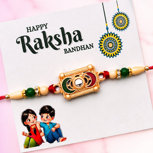 Traditional Meenakari Rakhi with red-green beads