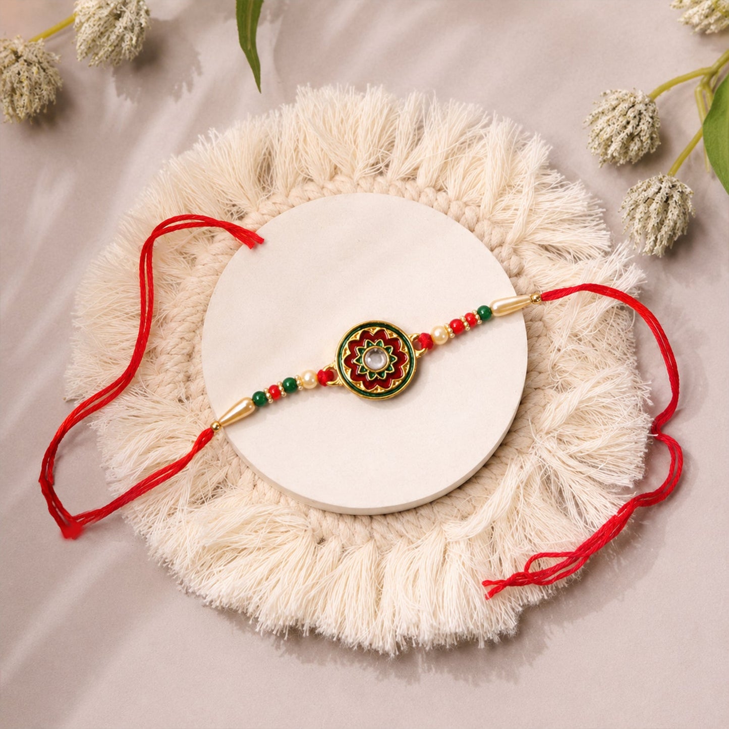 Floral pattern Rakhi with shining stone and colorful beads
