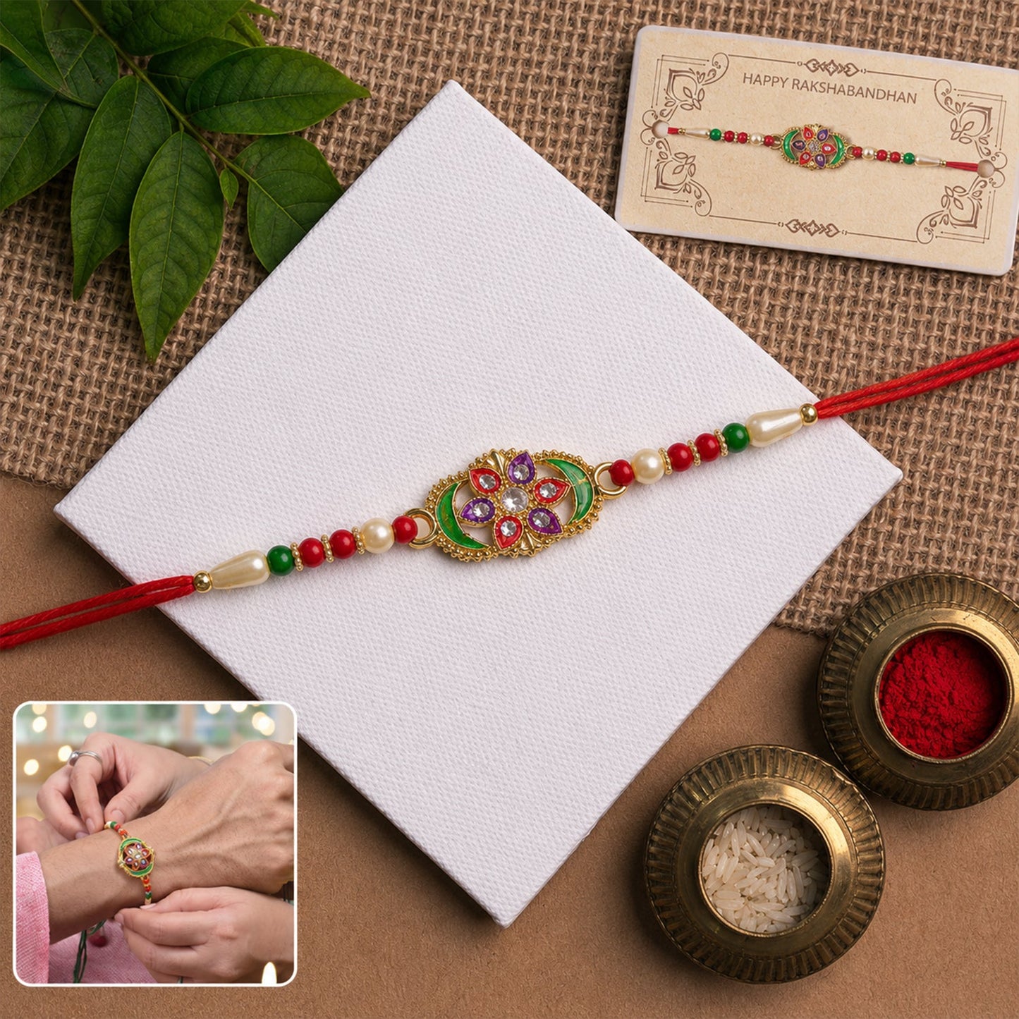Main image of multicolor stone studded designer Rakhi with vibrant beads