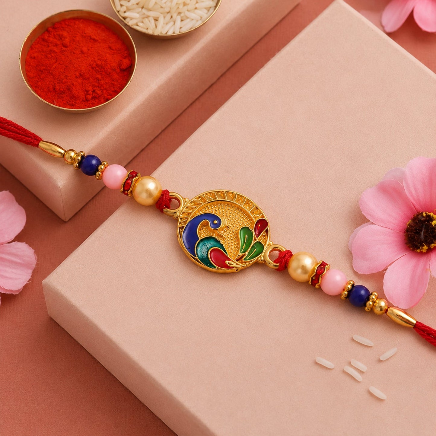 Peacock motif designer rakhi with multicolor beads, suitable for Rakshabandhan celebrations