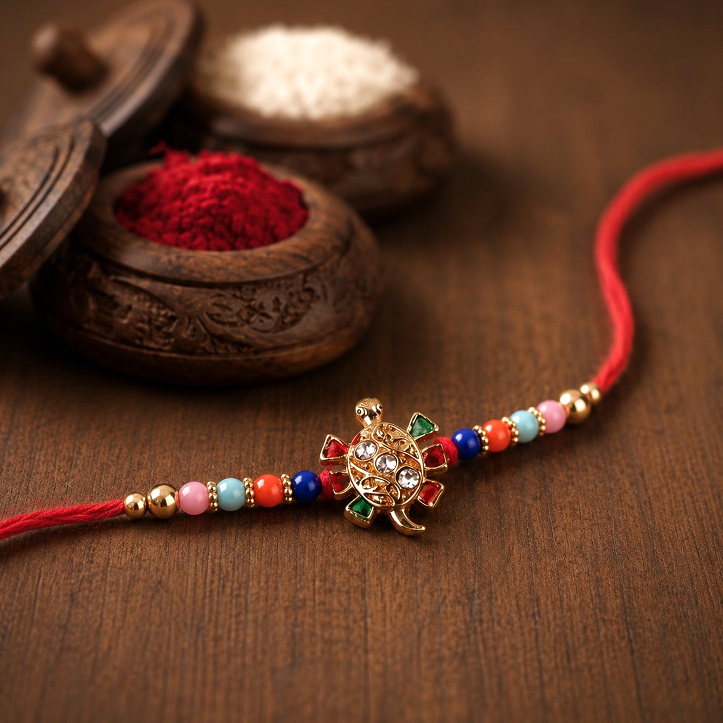 Cute turtle motif Rakhi with colorful beads and sparkling stones
