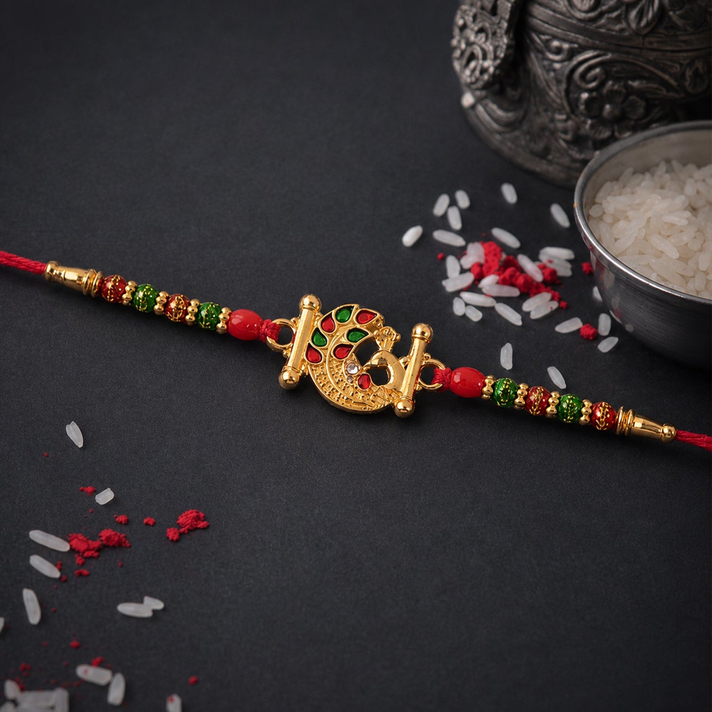 Elegant Peacock Rakhi with intricate stone work and vibrant beads, on a festive background.