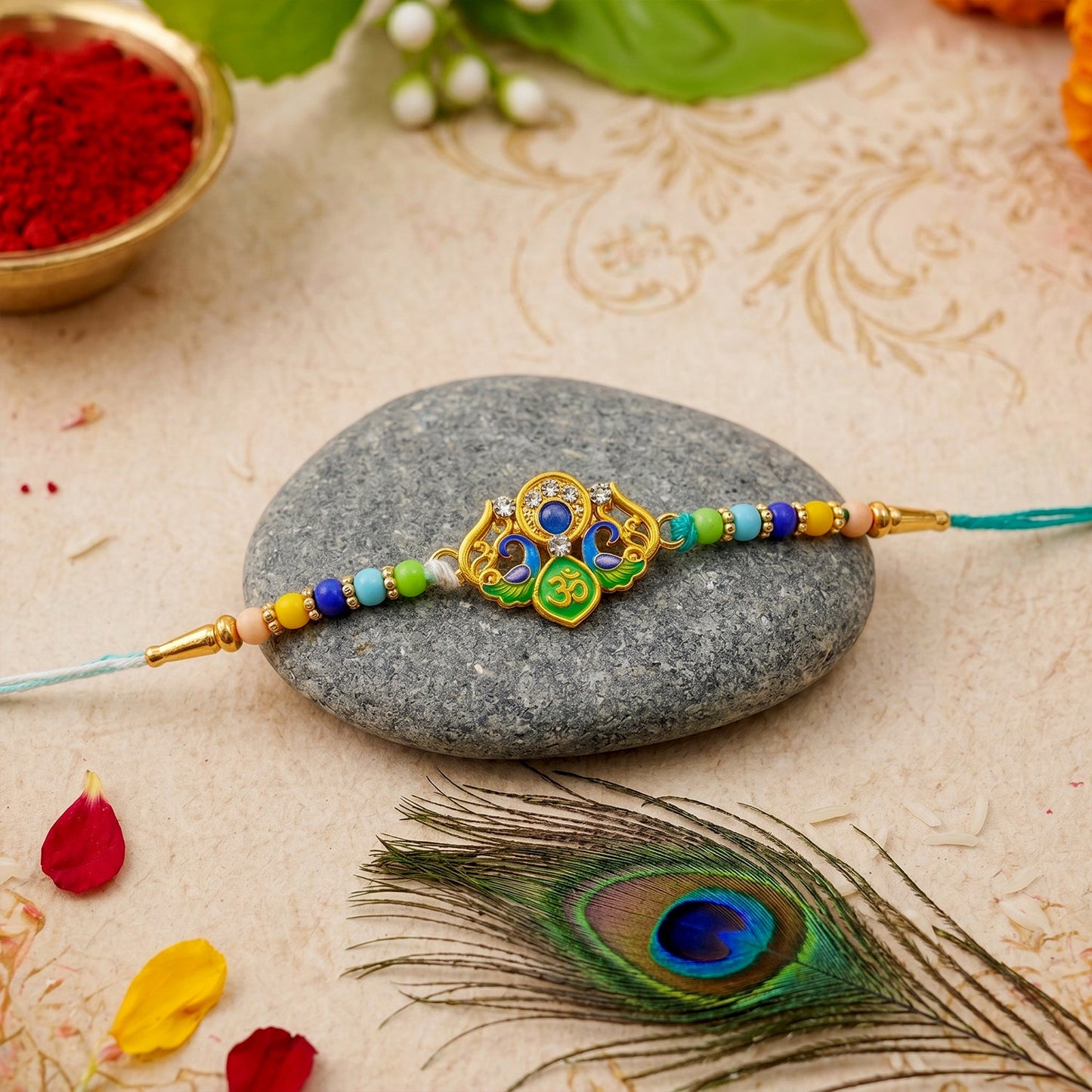 Traditional Rakhi with colorful beads and yellow thread, ideal for Raksha Bandhan