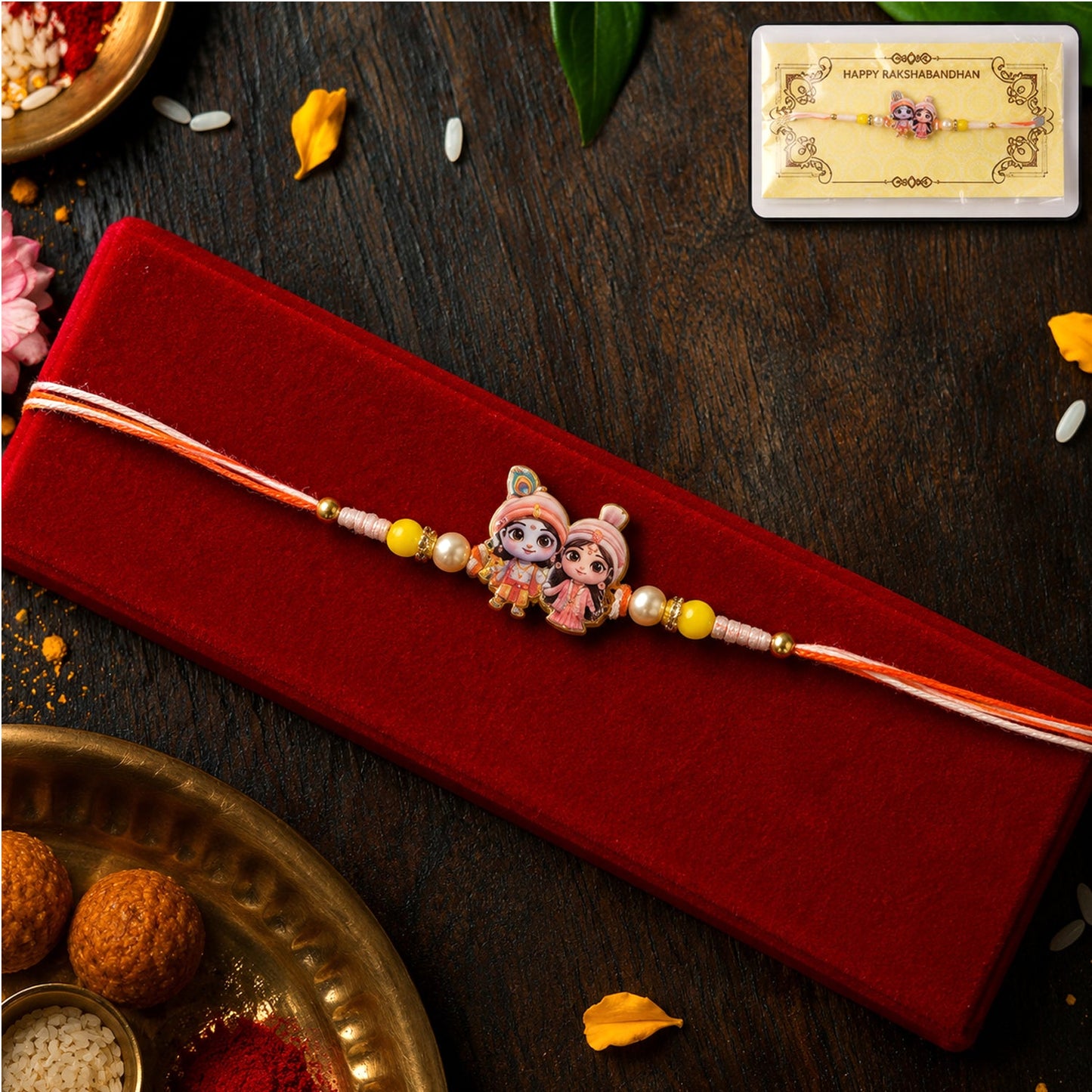 Decorative beads and soft pink thread on Lord Krishna Radha Rakhi.