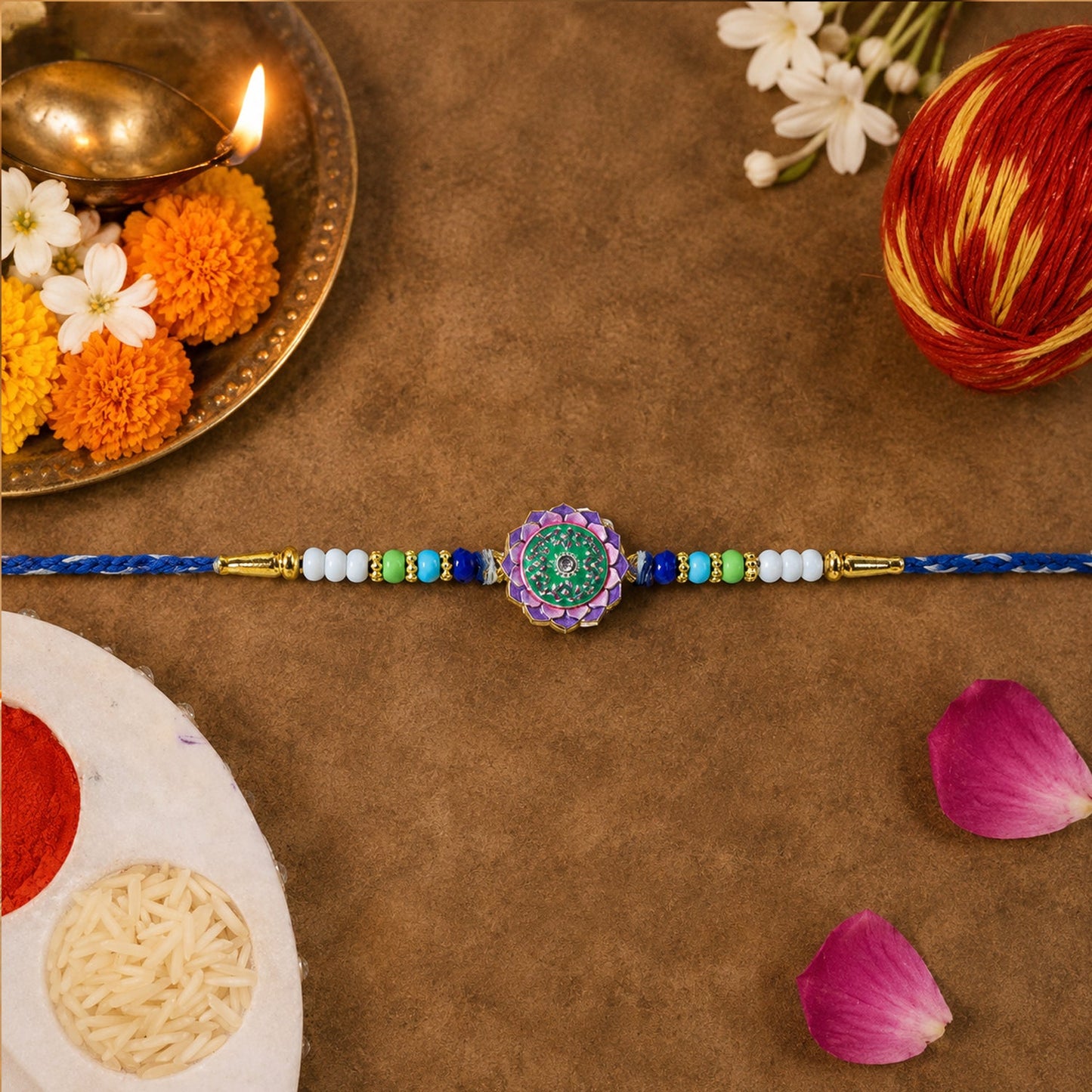 Elegant floral stone Rakhi featuring decorative beads for Rakshabandhan