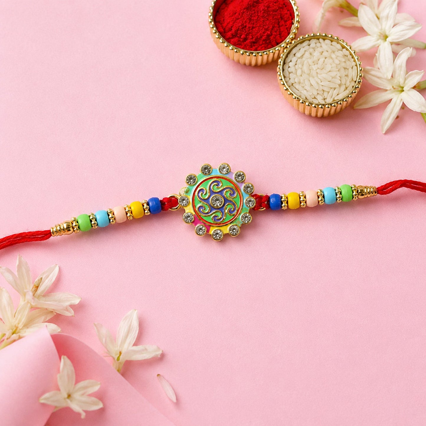 Elegant Rakhi with multicolor beads and stone centerpiece for Raksha Bandhan