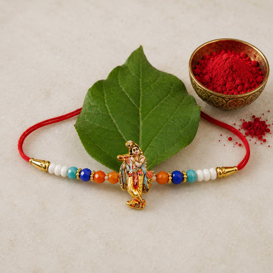 Spiritual Rakhi with Lord Krishna idol and decorative beads for festival gifting