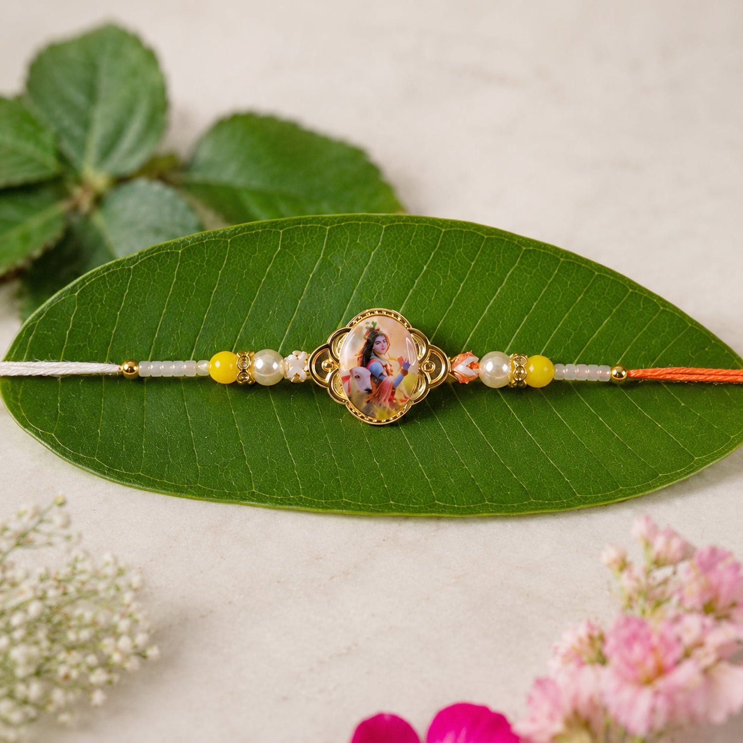 Elegant Lord Krishna designer Rakhi with vibrant photo centerpiece and beads