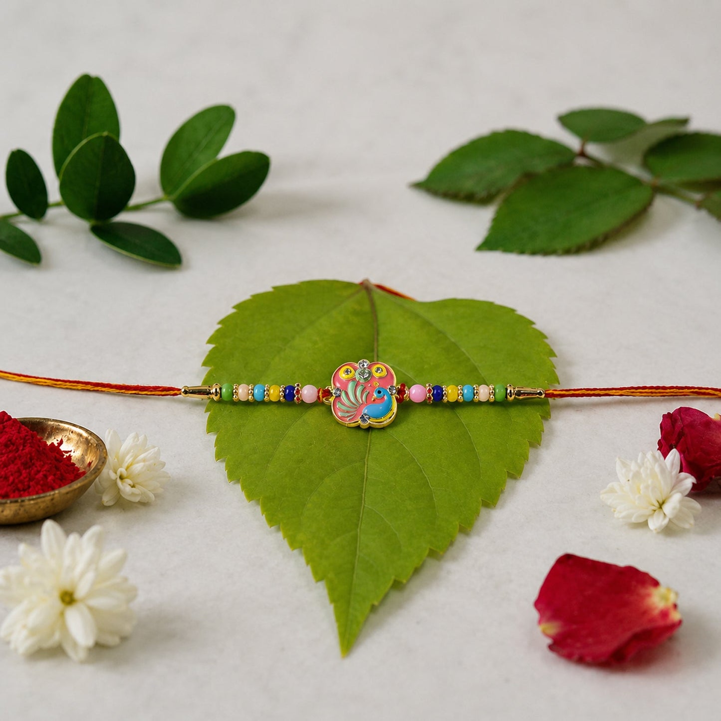Peacock motif Rakhi with decorative beads and centerpiece