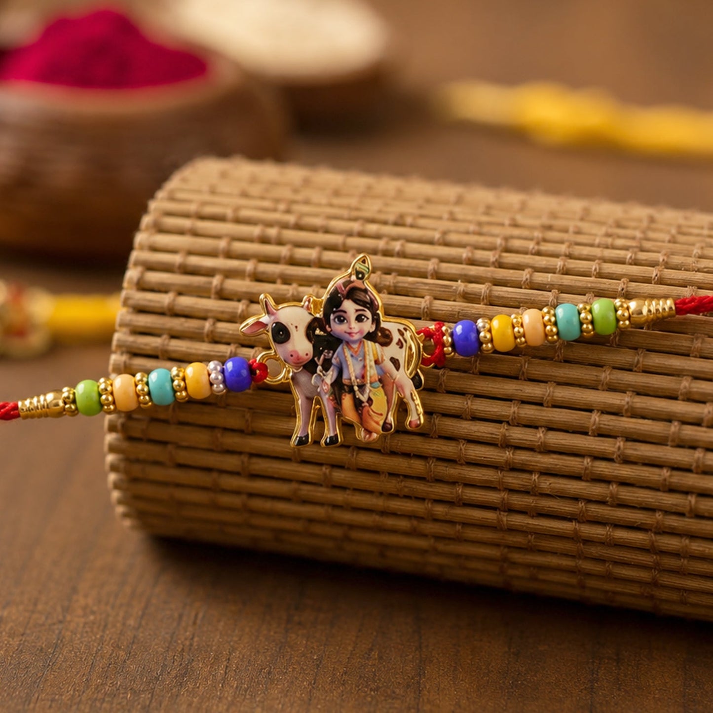 Close-up of Lord Krishna Rakhi centerpiece with intricate detailing.