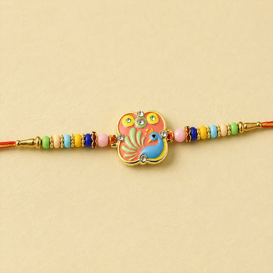 Peacock designer Rakhi with multicolor beads on soft thread, perfect for Raksha Bandhan