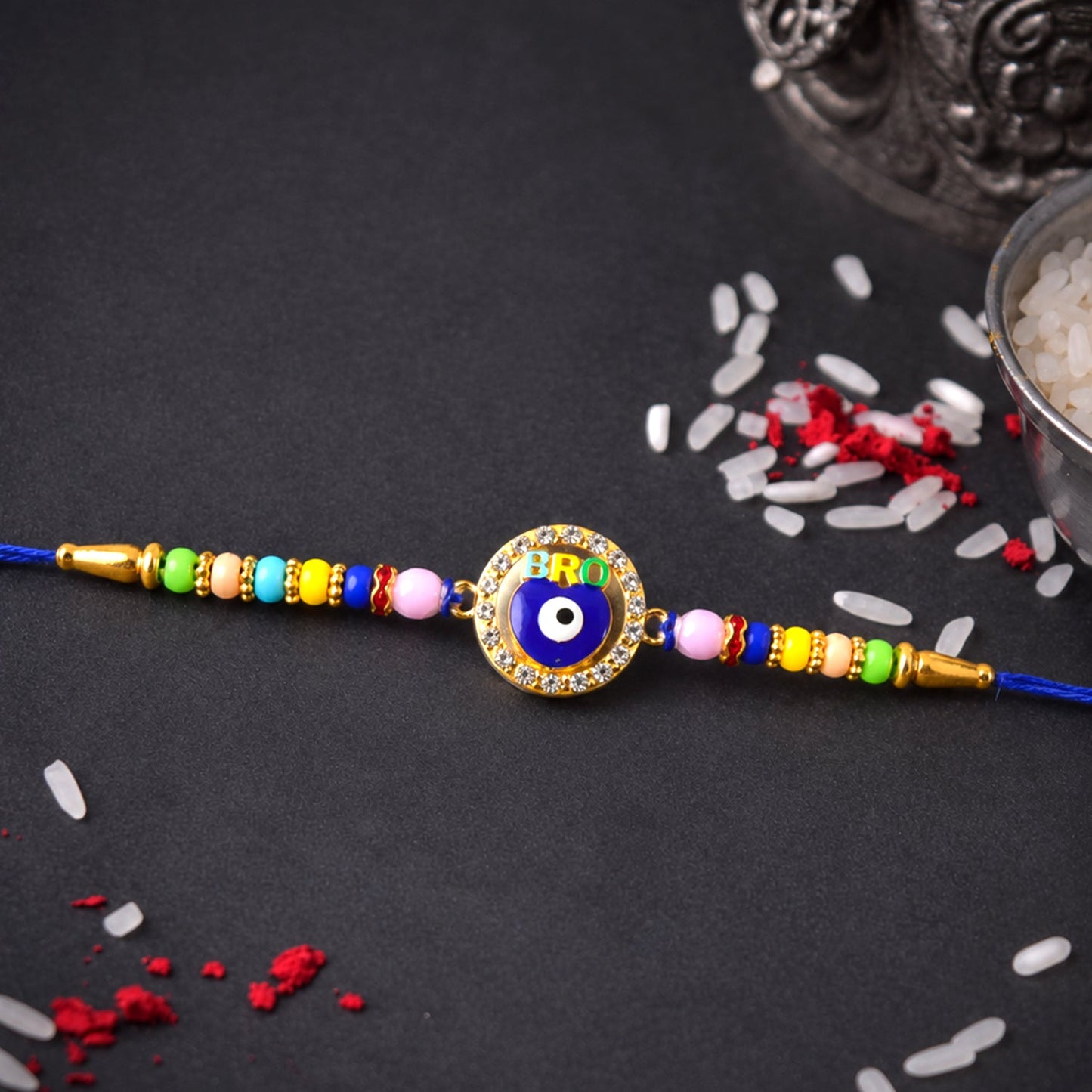 Vibrant Evil Eye BRO designer Rakhi with colorful beads and stylish centerpiece