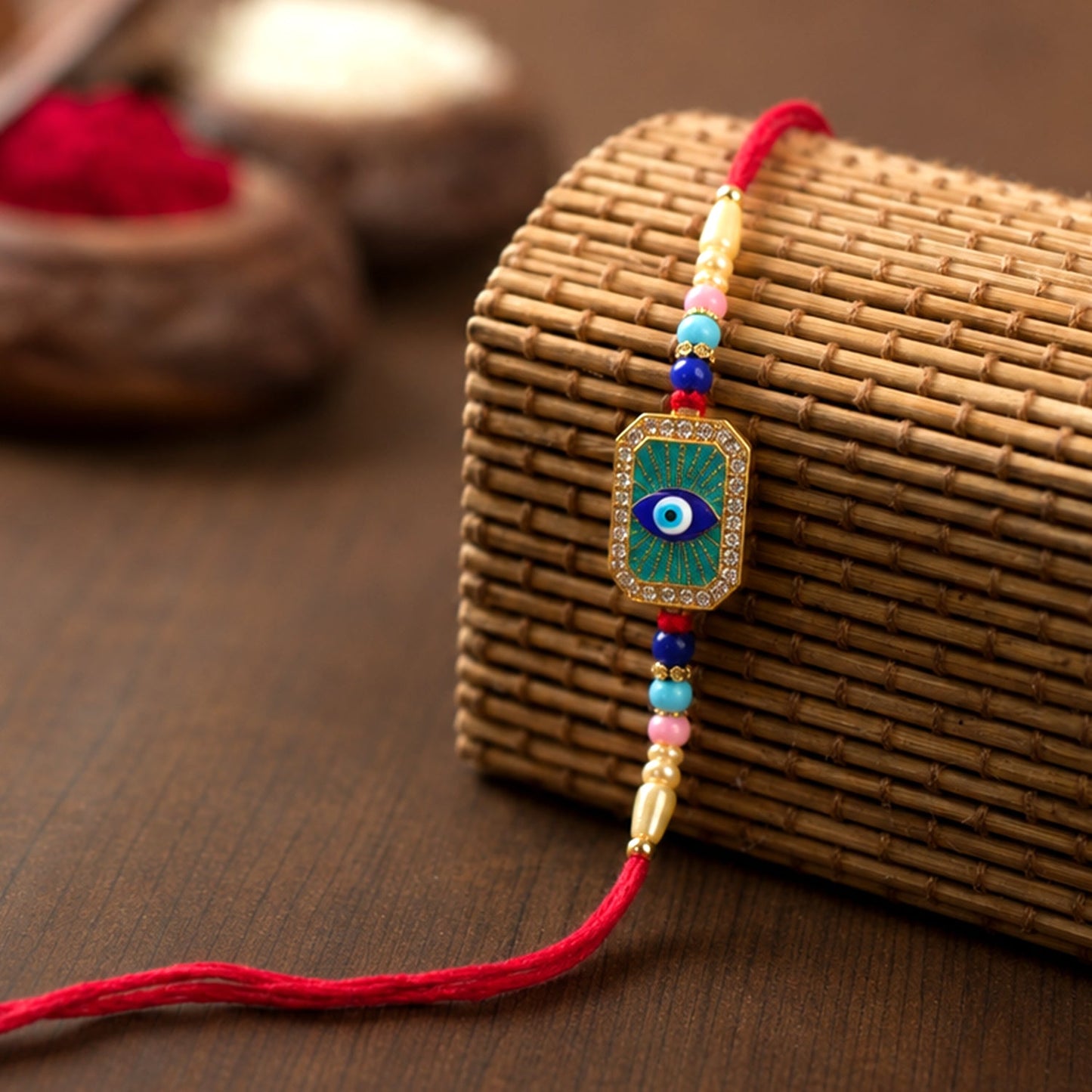 Colorful Evil Eye designer Rakhi with decorative beads for Raksha Bandhan