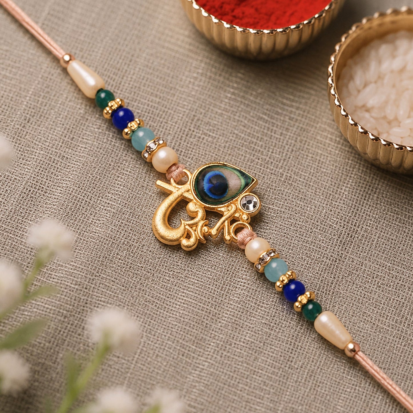 Close-up of divine Govind Peacock Rakhi showcasing feather details and colorful beads.