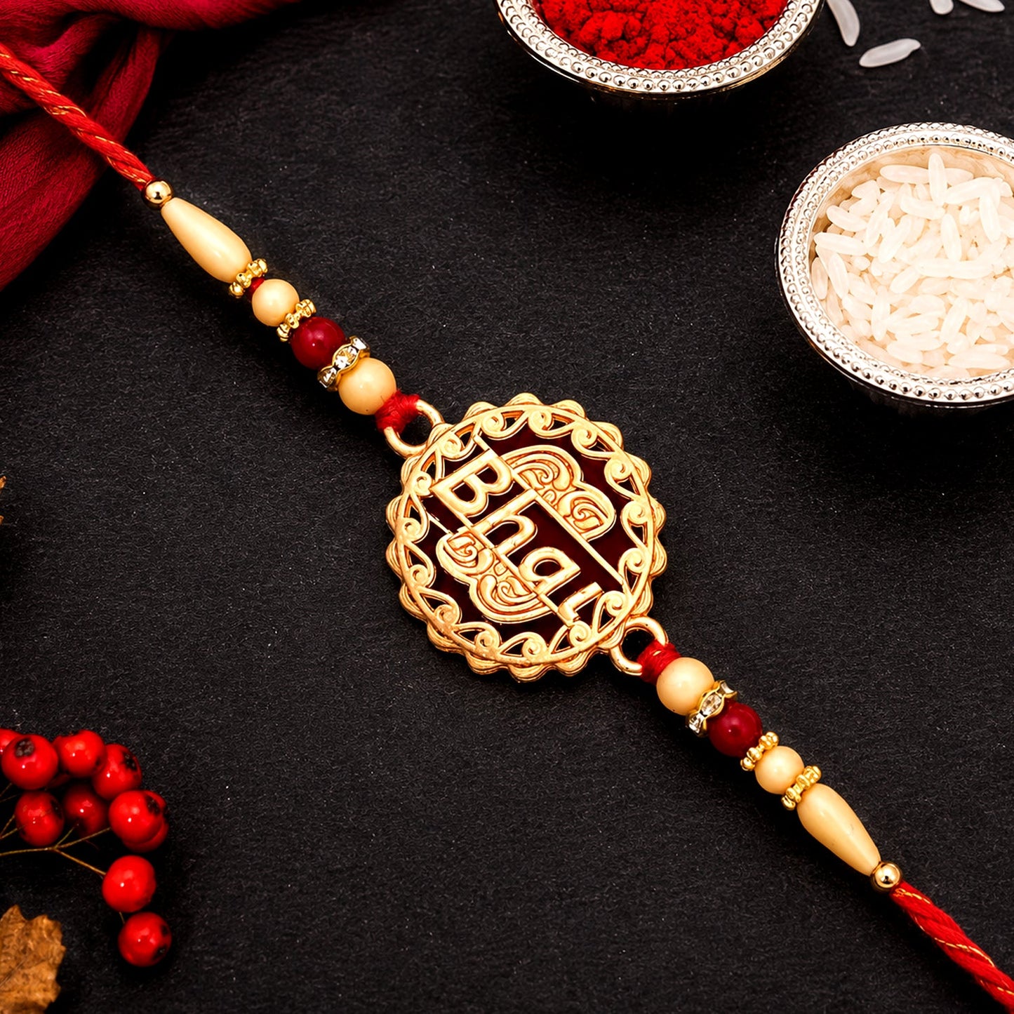 Traditional Bhai Rakhi with decorative beads on white background