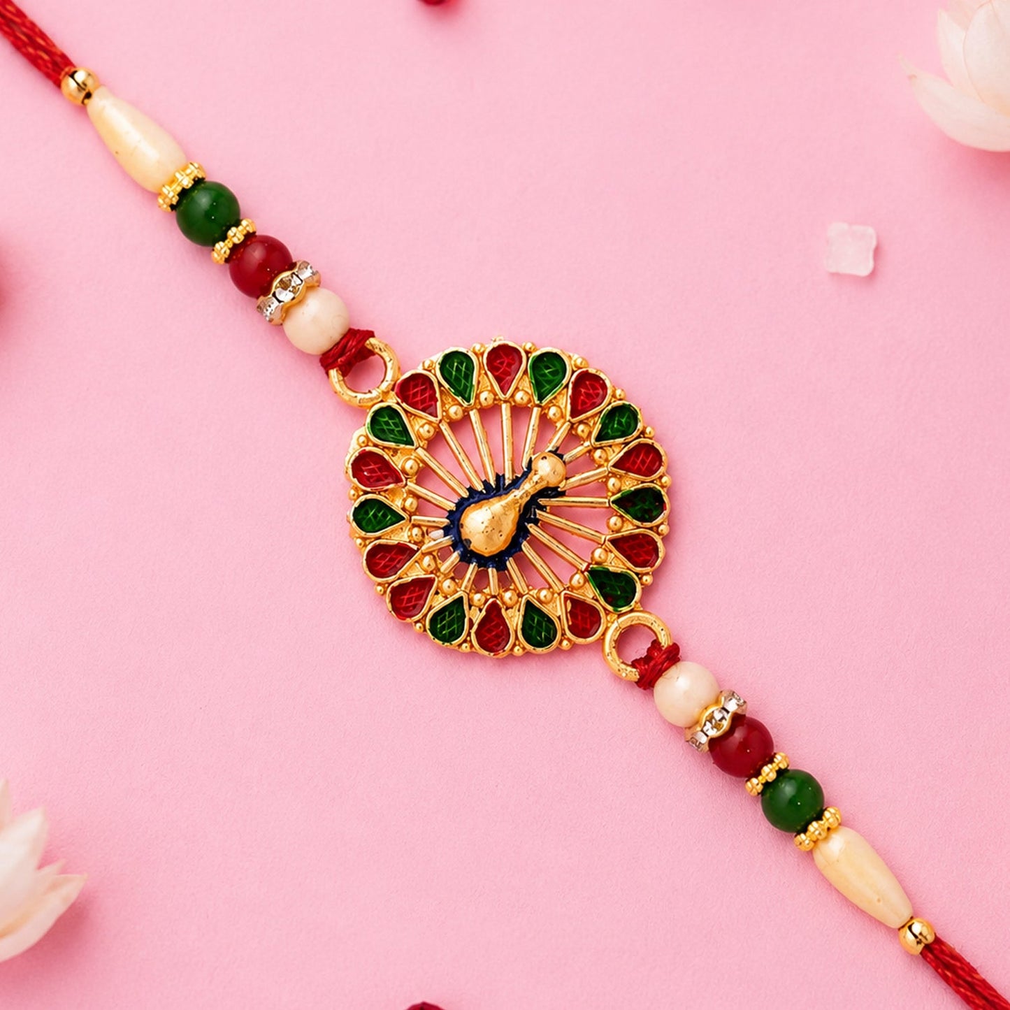 Close-up of premium thread work on the Vinayak Vrat Rakhi showcasing detailed Ganesha craftsmanship.