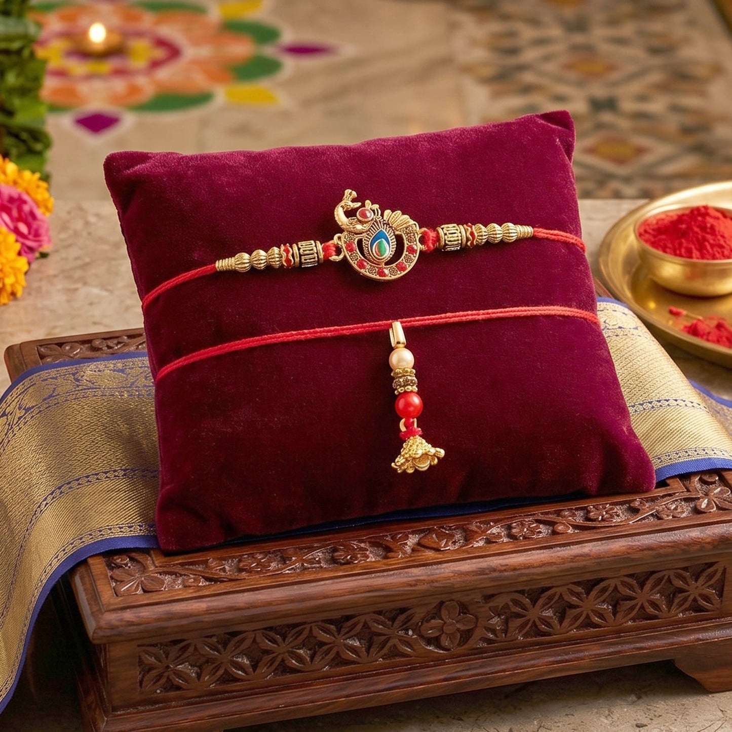Close-up of Kundan Peacock Bhabhi Rakhi with Pearl Latkan showcasing intricate craftsmanship