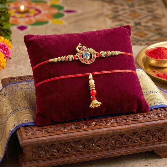 Close-up of Kundan Peacock Bhabhi Rakhi with Pearl Latkan showcasing intricate craftsmanship