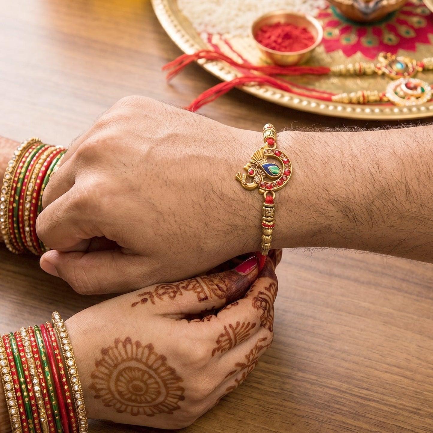 Top view of elegant Kundan Peacock Bhabhi Rakhi with pearl details