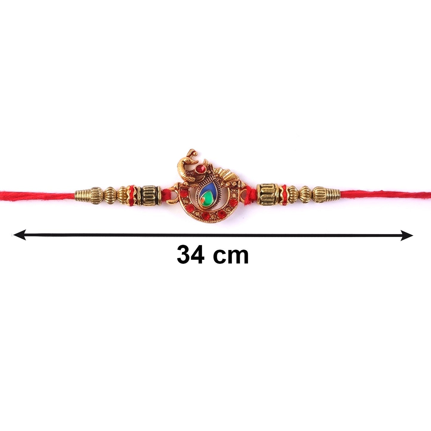 Side angle of Kundan Peacock Bhabhi Rakhi with pearl detail and intricate design