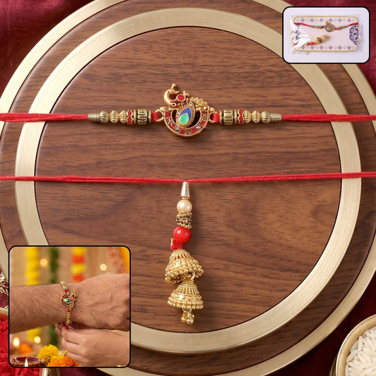 Peacock Pendant Bhabhi Rakhi with Jhumka Latkan front view