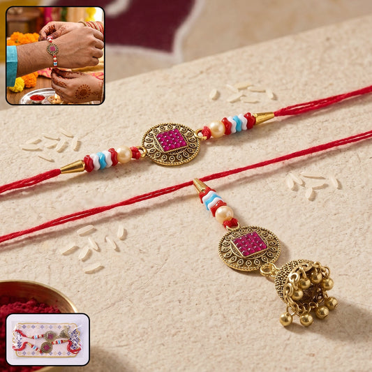 Meenakari Bead Bhabhi Rakhi with golden latkan, handcrafted tradition
