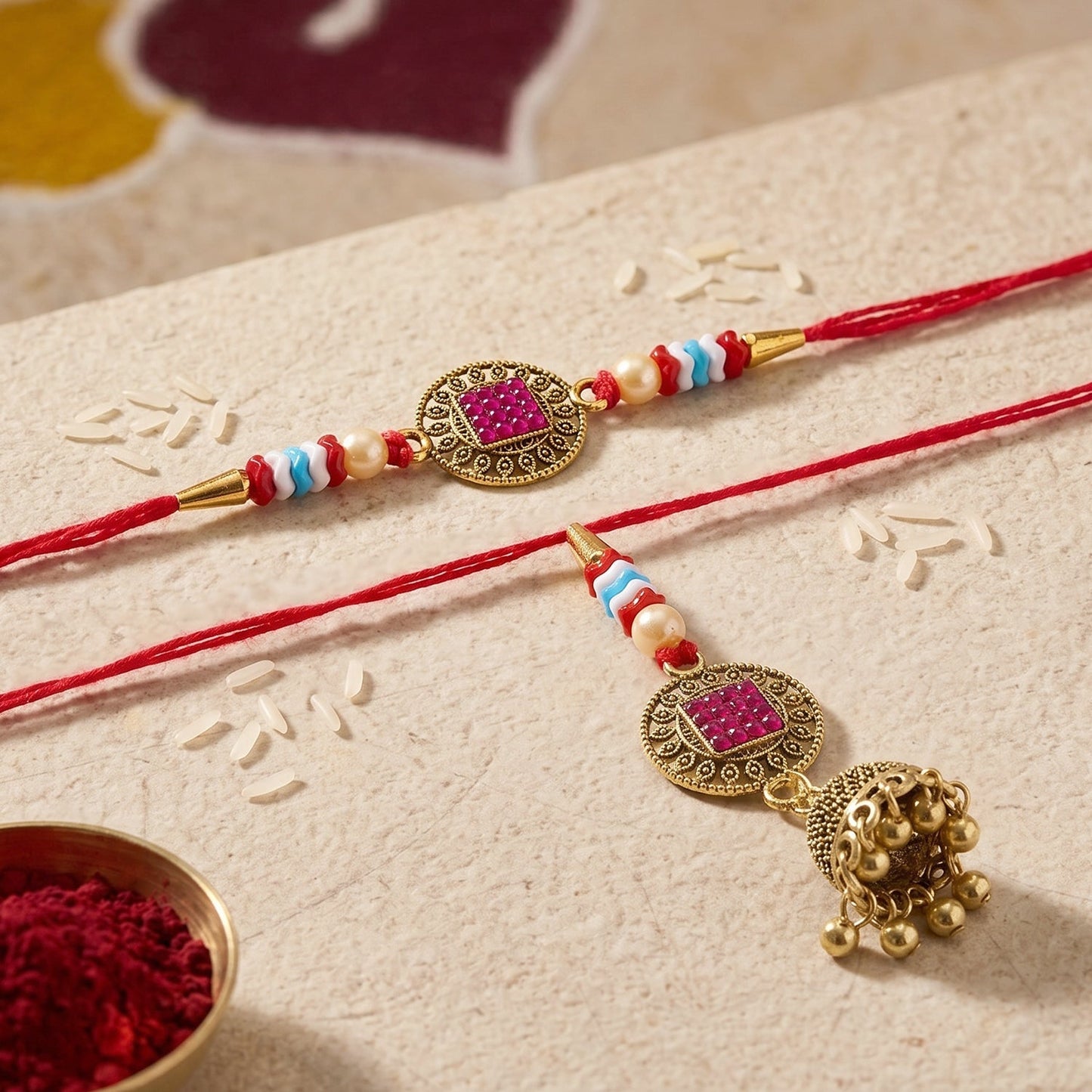 Close-up of Meenakari Bead Bhabhi Rakhi with golden latkan