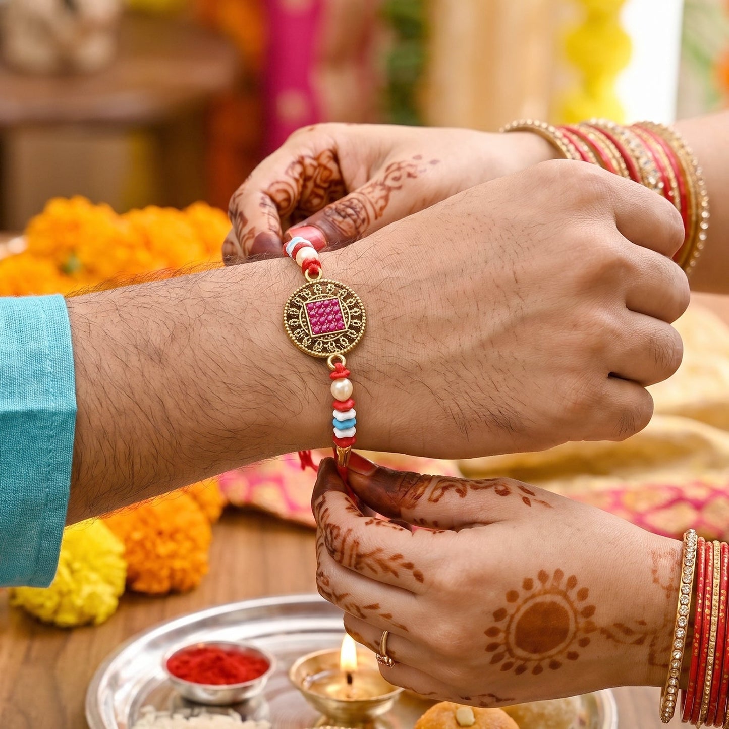 Top angle view of Meenakari Bead Bhabhi Rakhi with decorative beads