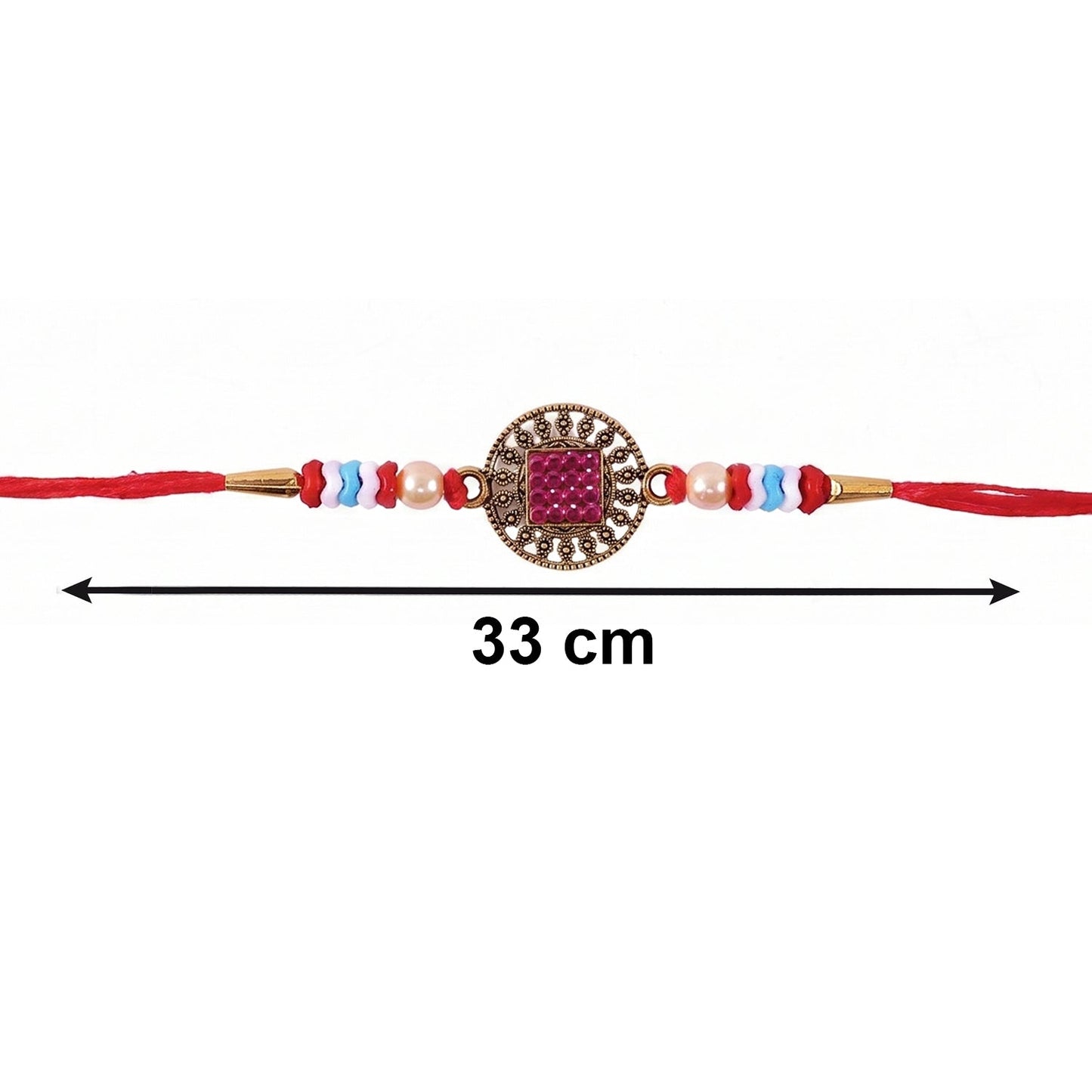 Front view of Meenakari Bead Bhabhi Rakhi with golden latkan
